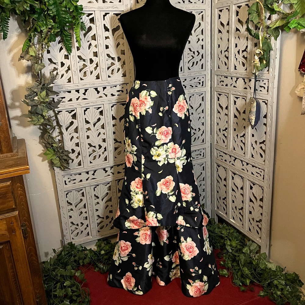 SEQUIN HEARTS NICE NAVY BLUE & PINK FLOWERS TIERED & RUFFLED MAXI FORMAL SKIRT
